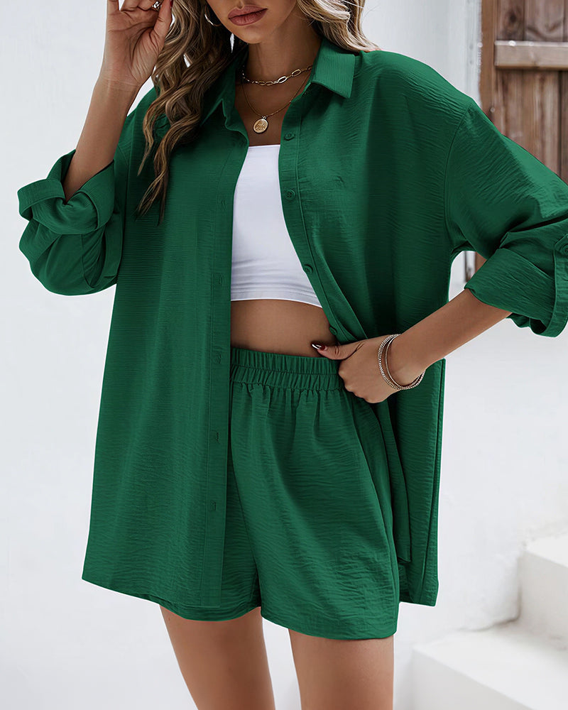 Curvvvy® Long Sleeve Button-Down Shirt & High Waist Shorts Casual 2-Piece Set