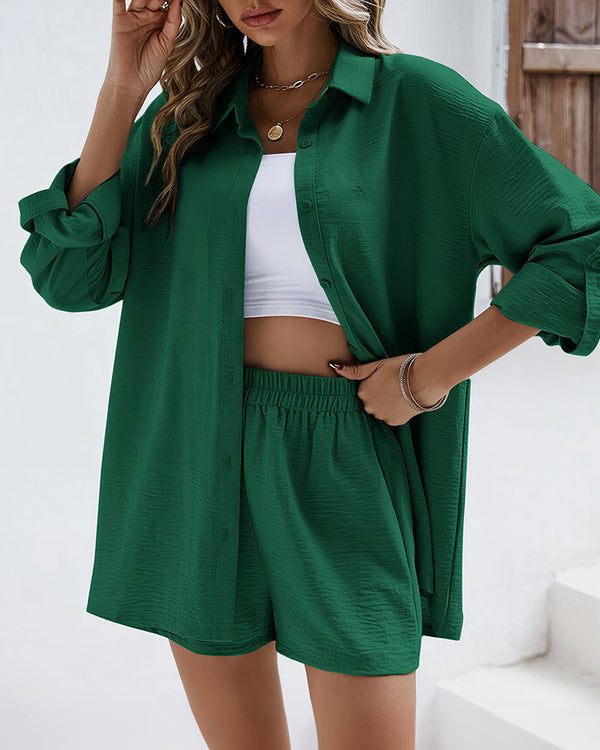 Curvvvy® Long Sleeve Button-Down Shirt & High Waist Shorts Casual 2-Piece Set