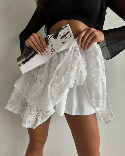 Curvvvy® Coquette Floral Lace Tiered Mini Skirt