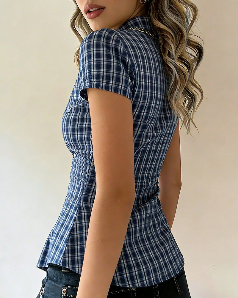 Curvvvy™ Retro Plaid Cinched Waist Button-Up Shirt