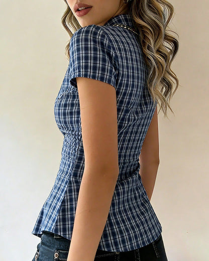Curvvvy™ Retro Plaid Cinched Waist Button-Up Shirt
