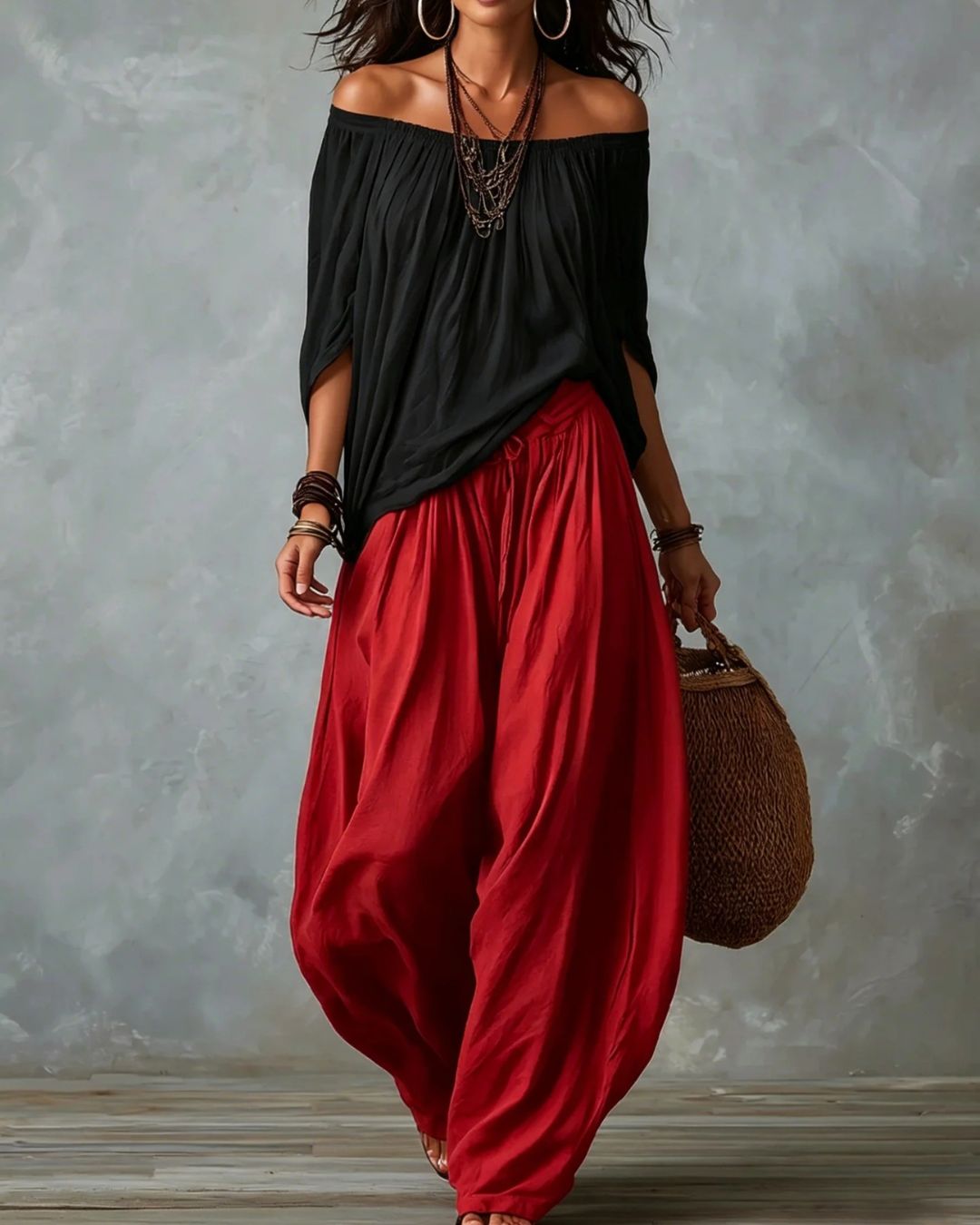 Curvvvy® Off Shoulder Top And Loose-Fitting Lantern Pants Set
