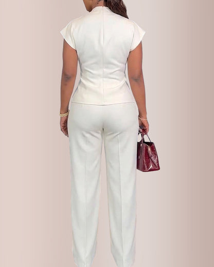 Curvvvy™ Elegant V-Neck Twist Front Wide Leg Two-Piece Set