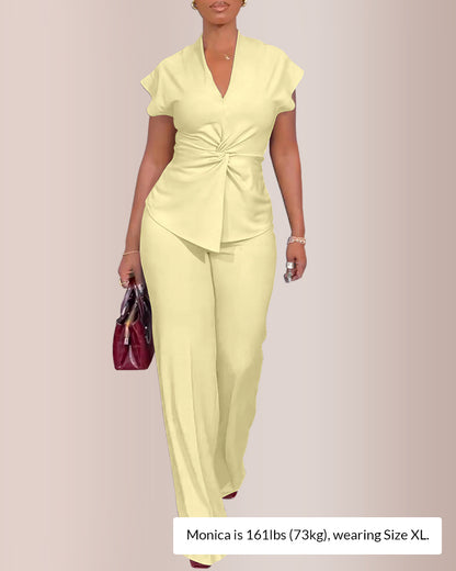Curvvvy™ Elegant V-Neck Twist Front Wide Leg Two-Piece Set