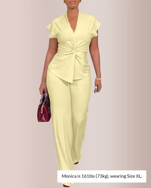 Curvvvy™ Elegant V-Neck Twist Front Wide Leg Two-Piece Set