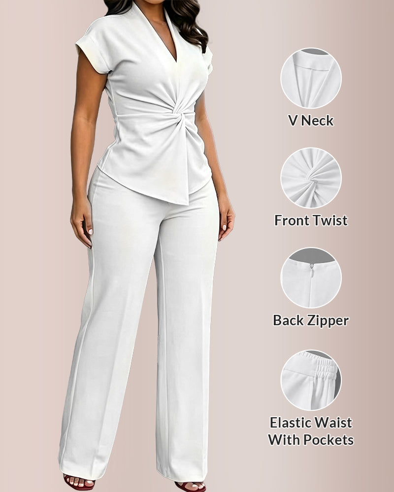 Curvvvy™ Elegant V-Neck Twist Front Wide Leg Two-Piece Set