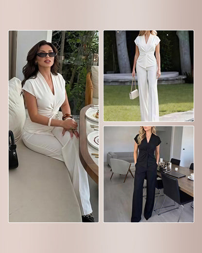 Curvvvy™ Elegant V-Neck Twist Front Wide Leg Two-Piece Set