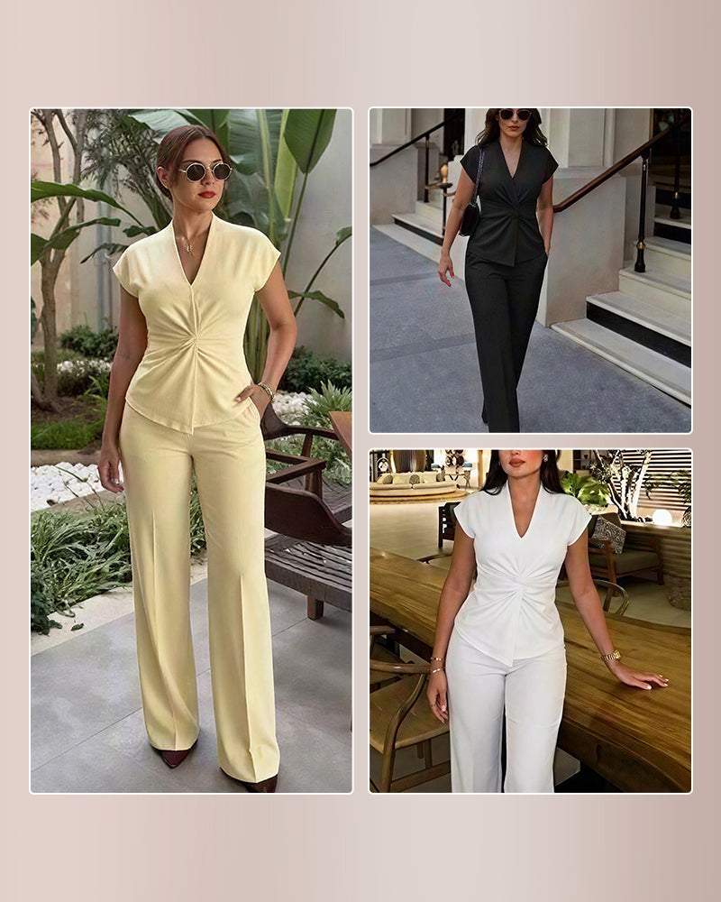 Curvvvy™ Elegant V-Neck Twist Front Wide Leg Two-Piece Set