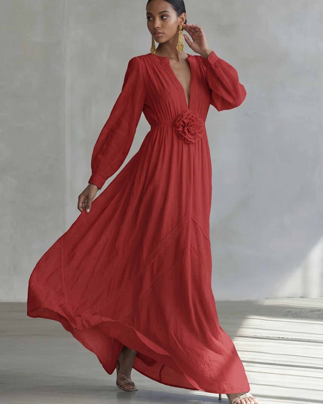 Curvvvy® Deep V-neck Three-dimensional Floral Maxi Dress