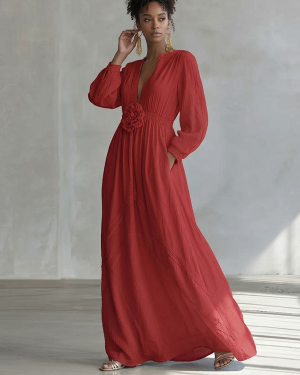 Curvvvy® Deep V-neck Three-dimensional Floral Maxi Dress