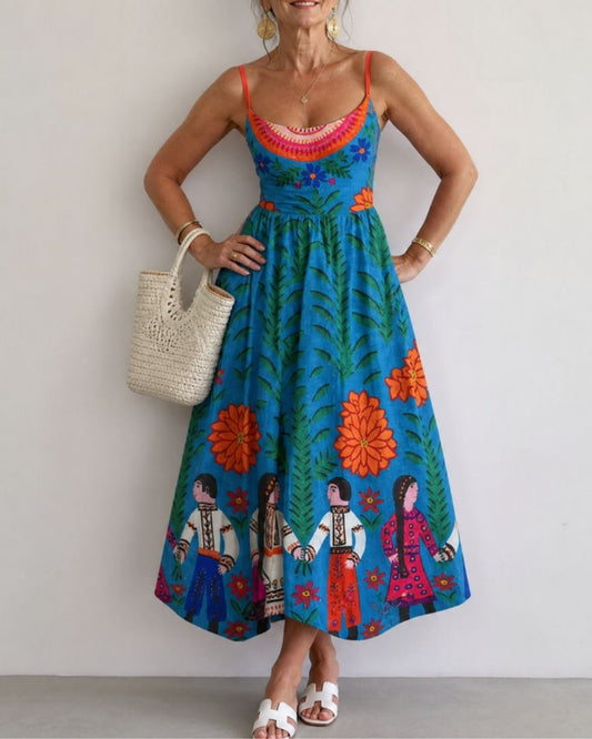 Curvvvy™ Folk Print Sleeveless Midi Dress