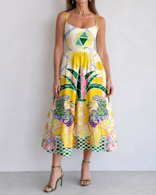Curvvvy™ Geometric Lion Print Midi Dress