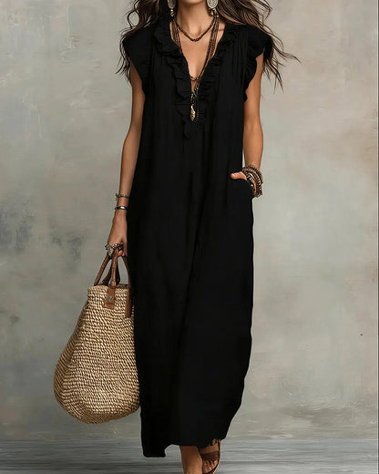 Curvvvy® Boho Ruffle V-Neck Maxi Dress With Pockets