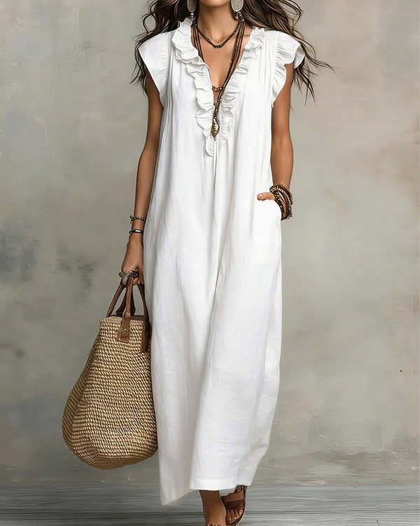 Curvvvy® Boho Ruffle V-Neck Maxi Dress With Pockets