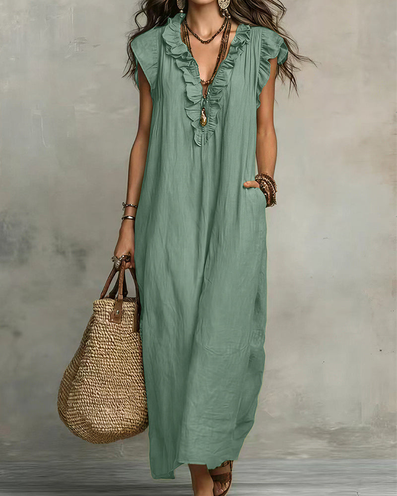 Curvvvy® Boho Ruffle V-Neck Maxi Dress With Pockets