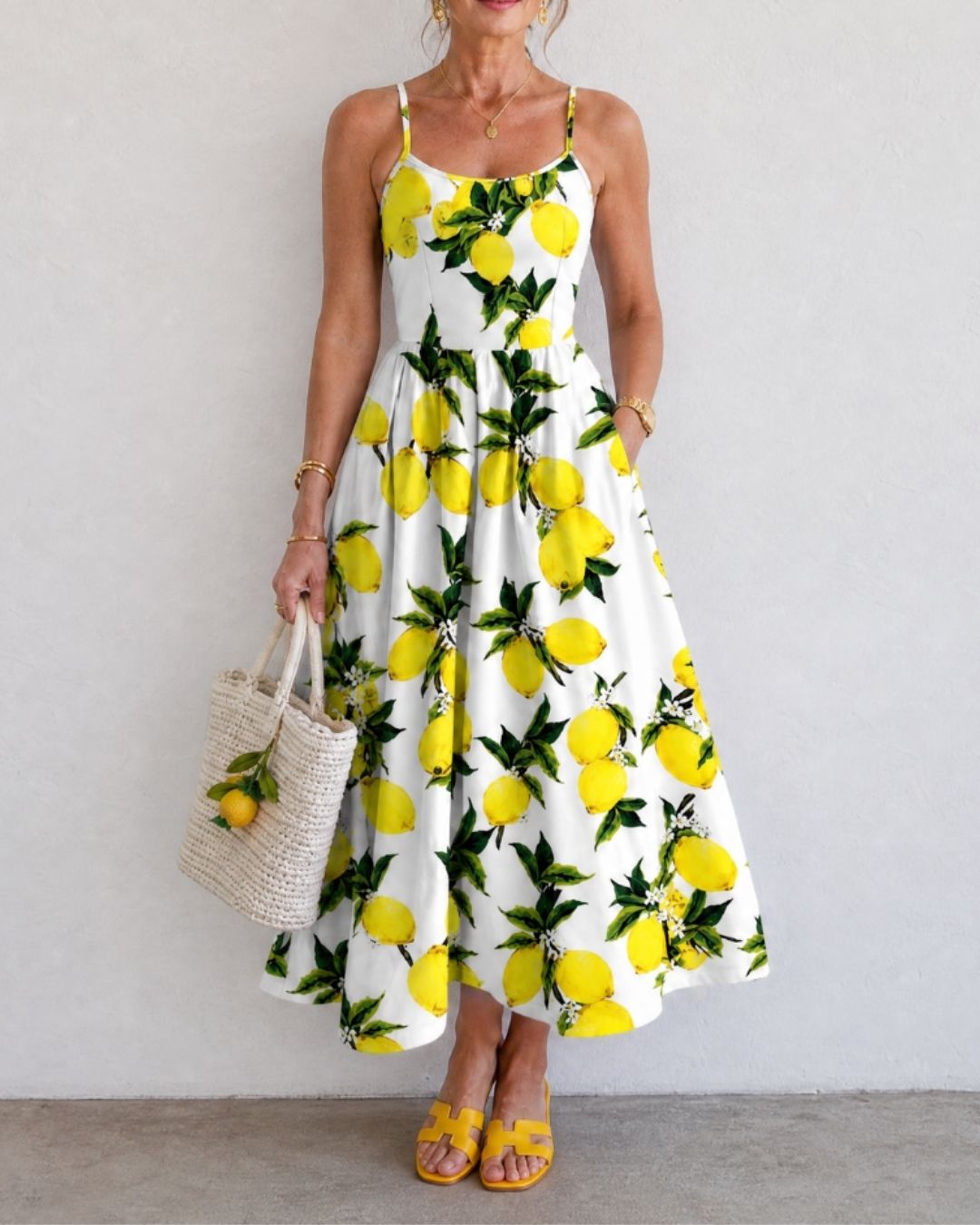Curvvvy™ Lemon Print Sleeveless Midi Dress