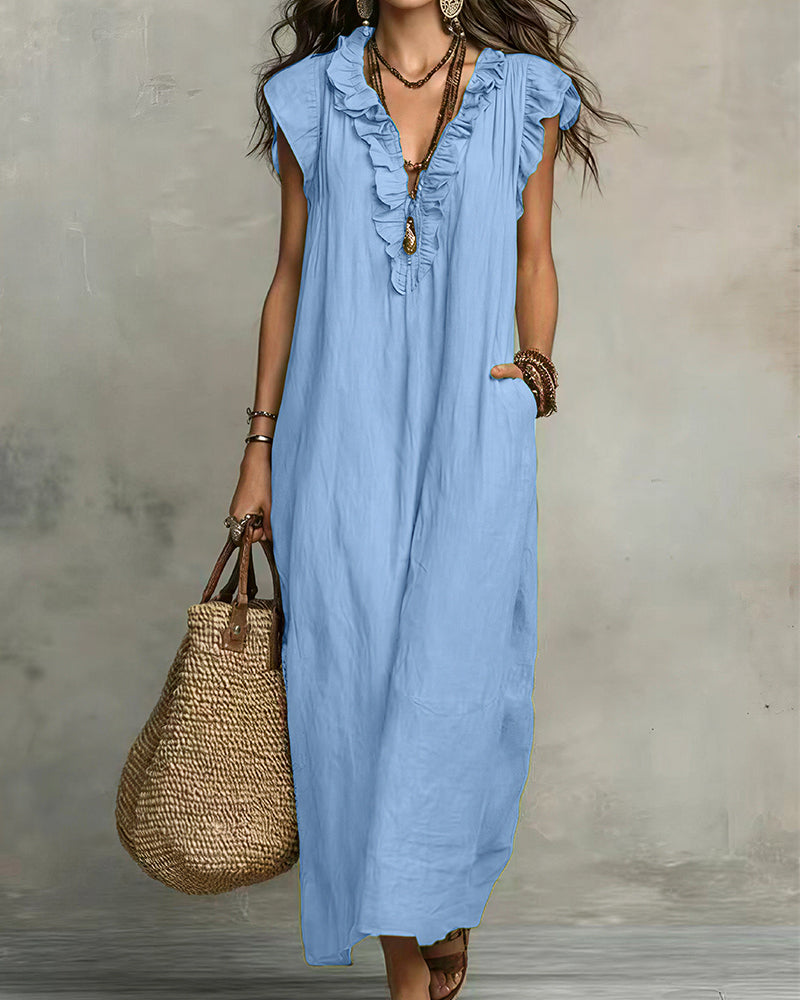 Curvvvy® Boho Ruffle V-Neck Maxi Dress With Pockets