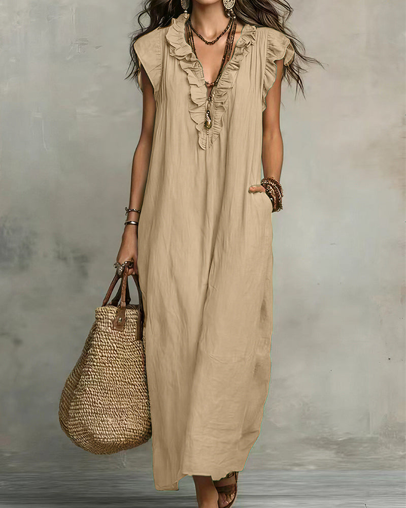 Curvvvy® Boho Ruffle V-Neck Maxi Dress With Pockets