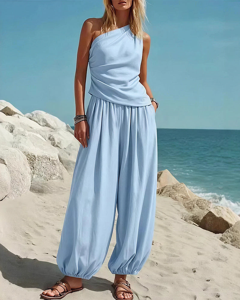 Curvvvy® Draped Top & Flowy Harem Pants 2-Piece Set