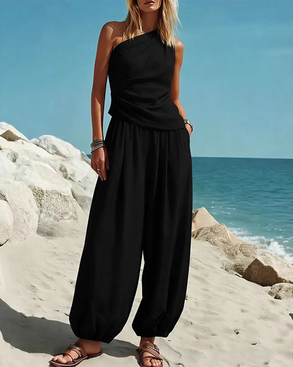 Curvvvy® Draped Top & Flowy Harem Pants 2-Piece Set