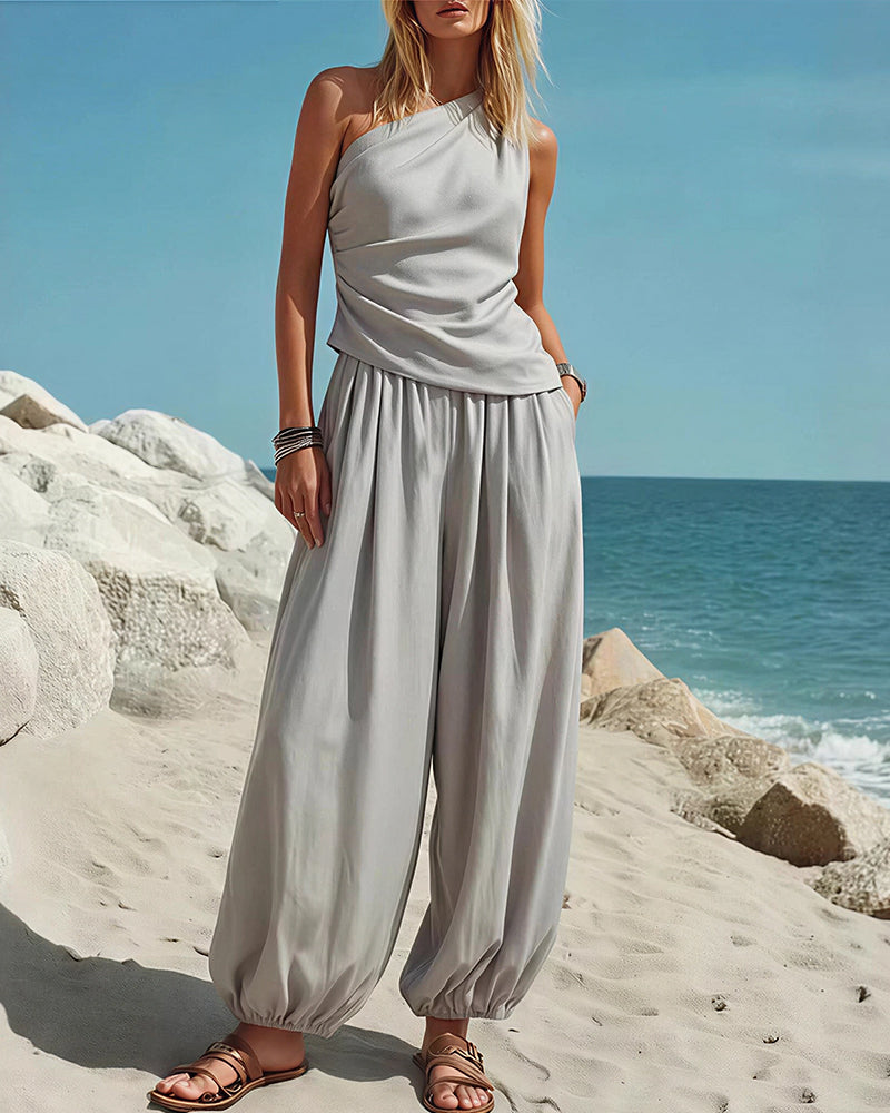 Curvvvy® Draped Top & Flowy Harem Pants 2-Piece Set
