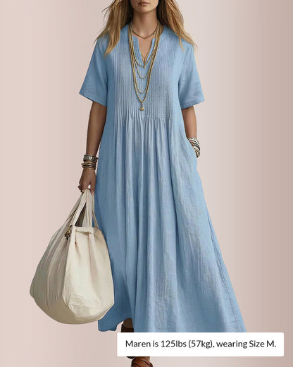 Curvvvy® Casual V-Neck Pleated Cotton Linen Maxi Dress
