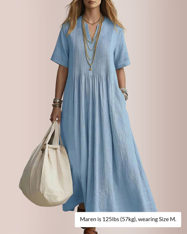 Curvvvy® Casual V-Neck Pleated Cotton Linen Maxi Dress