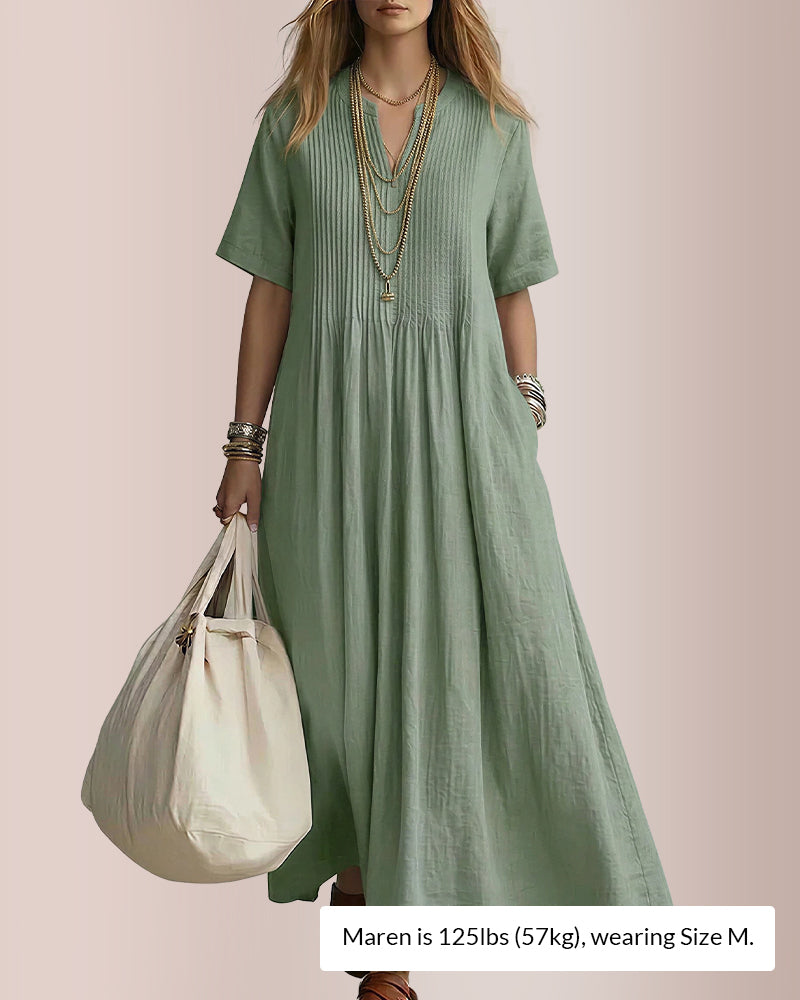Curvvvy® Casual V-Neck Pleated Cotton Linen Maxi Dress