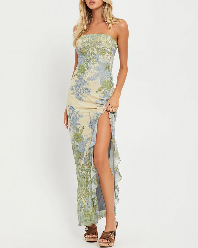 Curvvvy® Floral Mesh Strapless Maxi Dress With High Slit