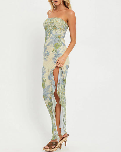 Curvvvy® Floral Mesh Strapless Maxi Dress With High Slit