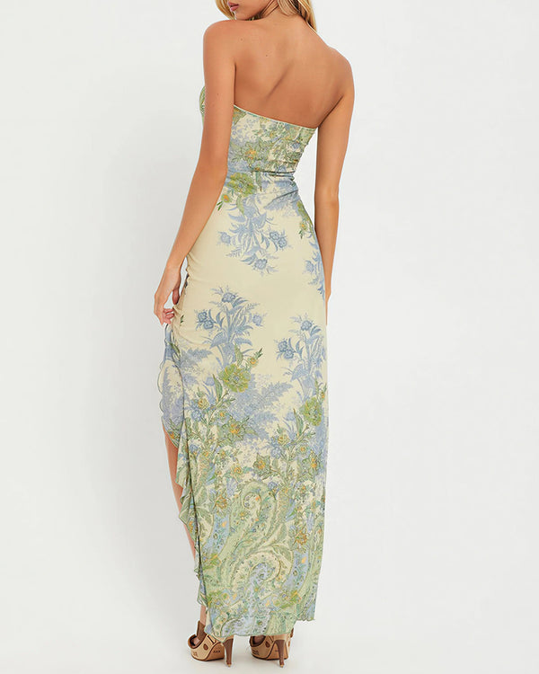 Curvvvy® Floral Mesh Strapless Maxi Dress With High Slit