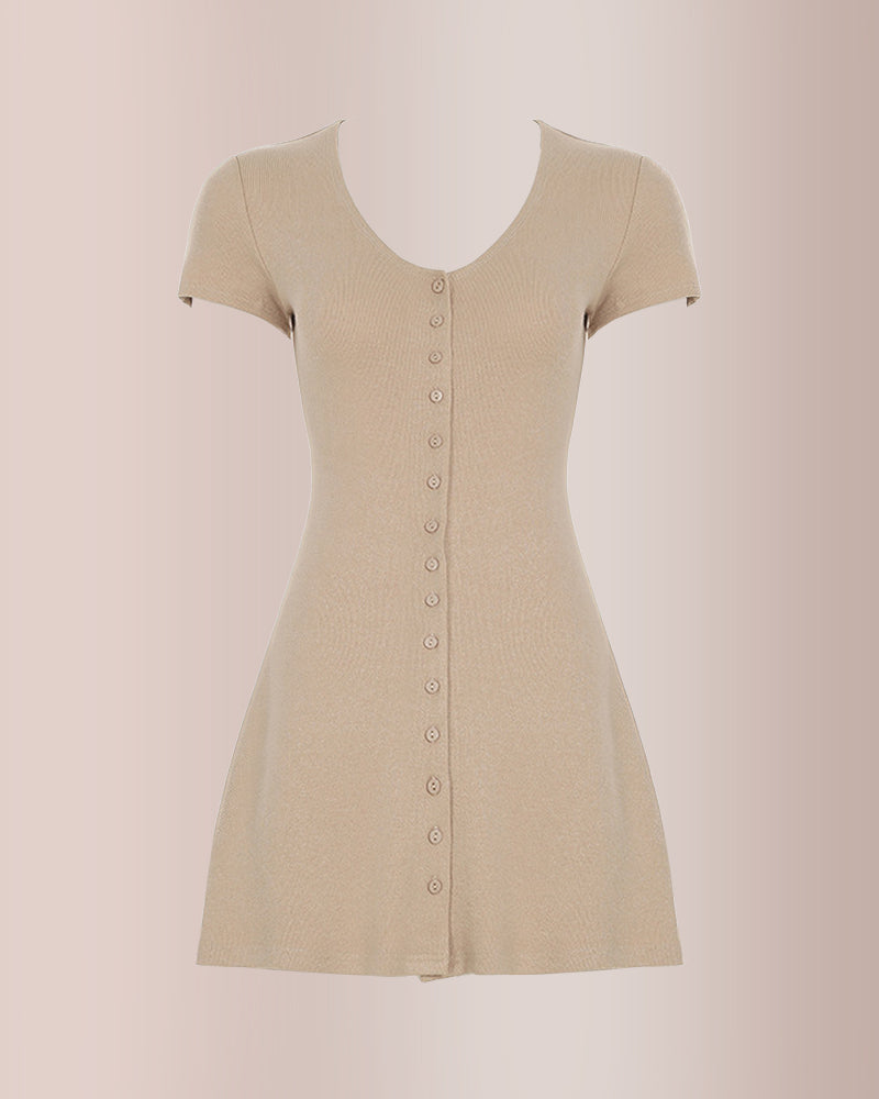 Curvvvy® French Effortless Deep-V Button Knit Mini Dress
