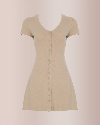 Curvvvy® French Effortless Deep-V Button Knit Mini Dress