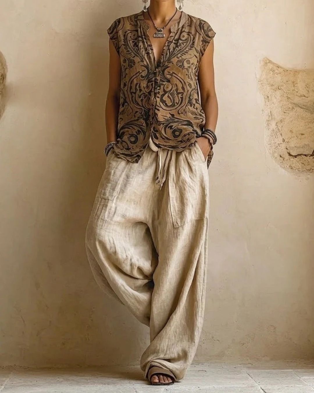 Curvvvy® Boho Three-Piece Outfit Printed Top Wide Leg Pants