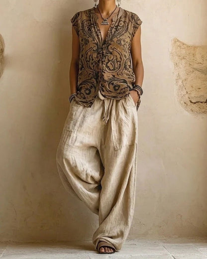 Curvvvy® Boho Three-Piece Outfit Printed Top Wide Leg Pants