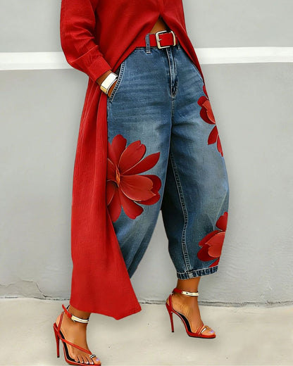 Curvvvy® Floral Loose-fitting Casual Pockets Wide-leg Jeans