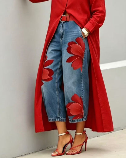 Curvvvy® Floral Loose-fitting Casual Pockets Wide-leg Jeans