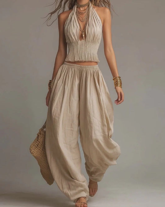 Curvvvy® Casual Backless Craft Halter Closure Wide Leg Pants Set