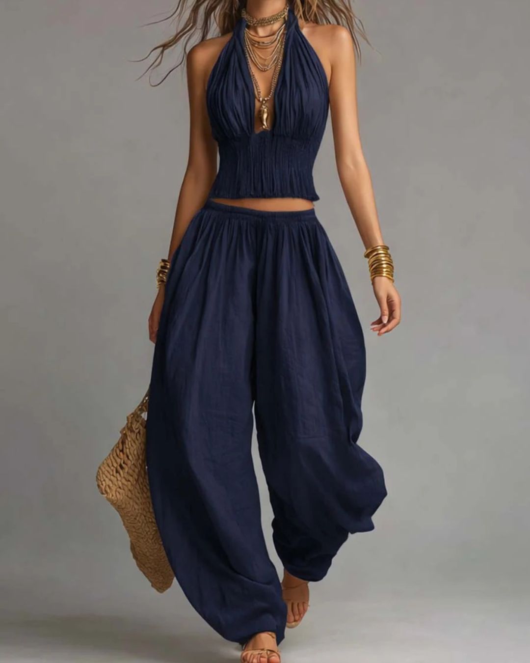 Curvvvy® Casual Backless Craft Halter Closure Wide Leg Pants Set