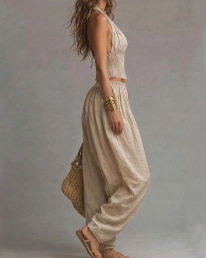 Curvvvy® Casual Backless Craft Halter Closure Wide Leg Pants Set