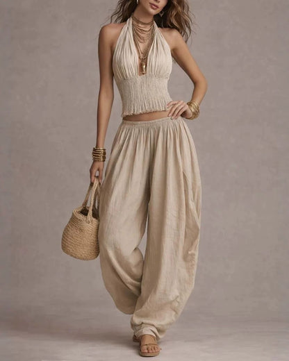 Curvvvy® Casual Backless Craft Halter Closure Wide Leg Pants Set