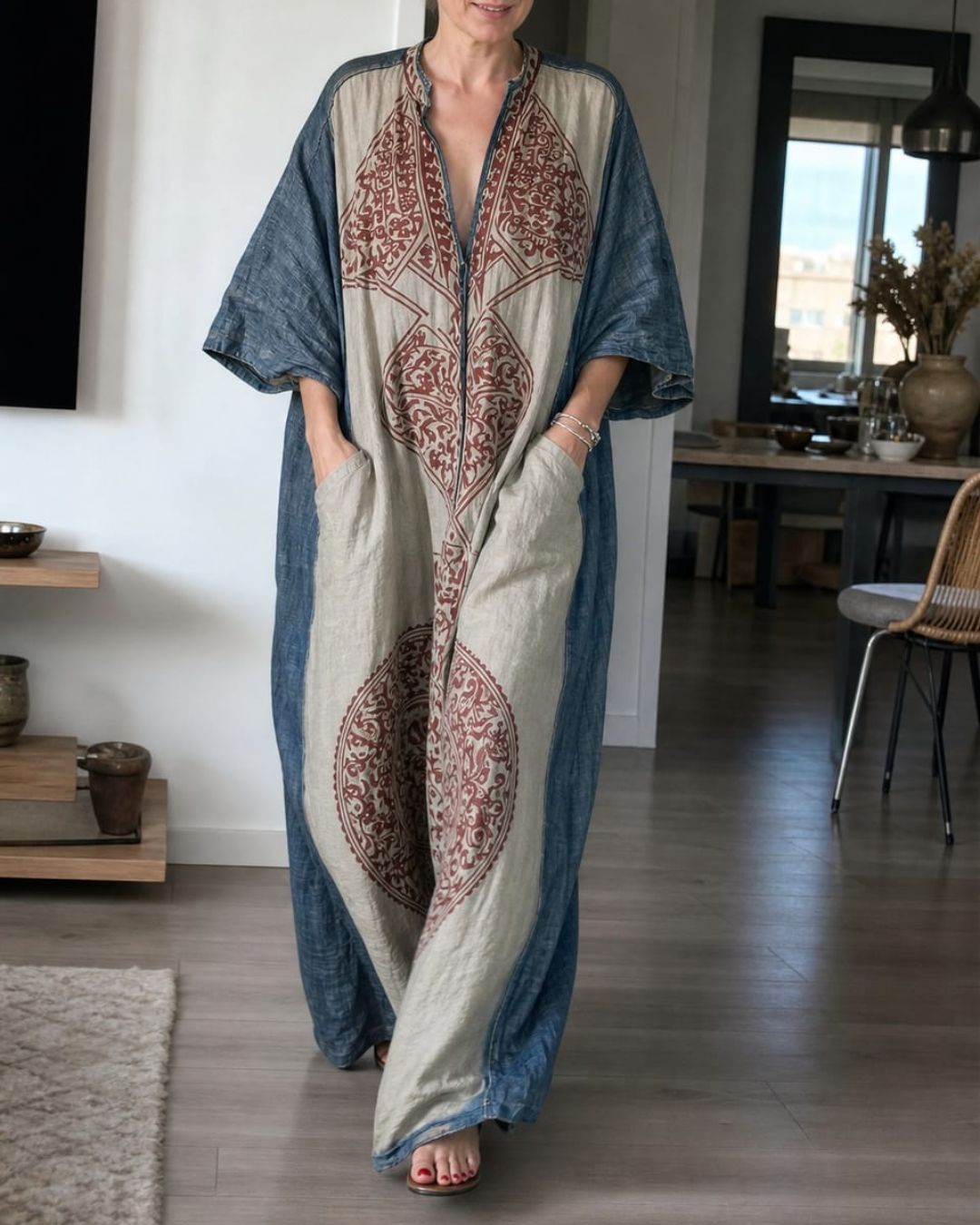 Curvvvy® Loose Sleeves Ethnic Printed V-Neck Jumpsuits