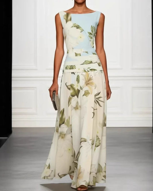 Curvvvy® Floral Boat Neck Flowy A-Line Maxi Dress