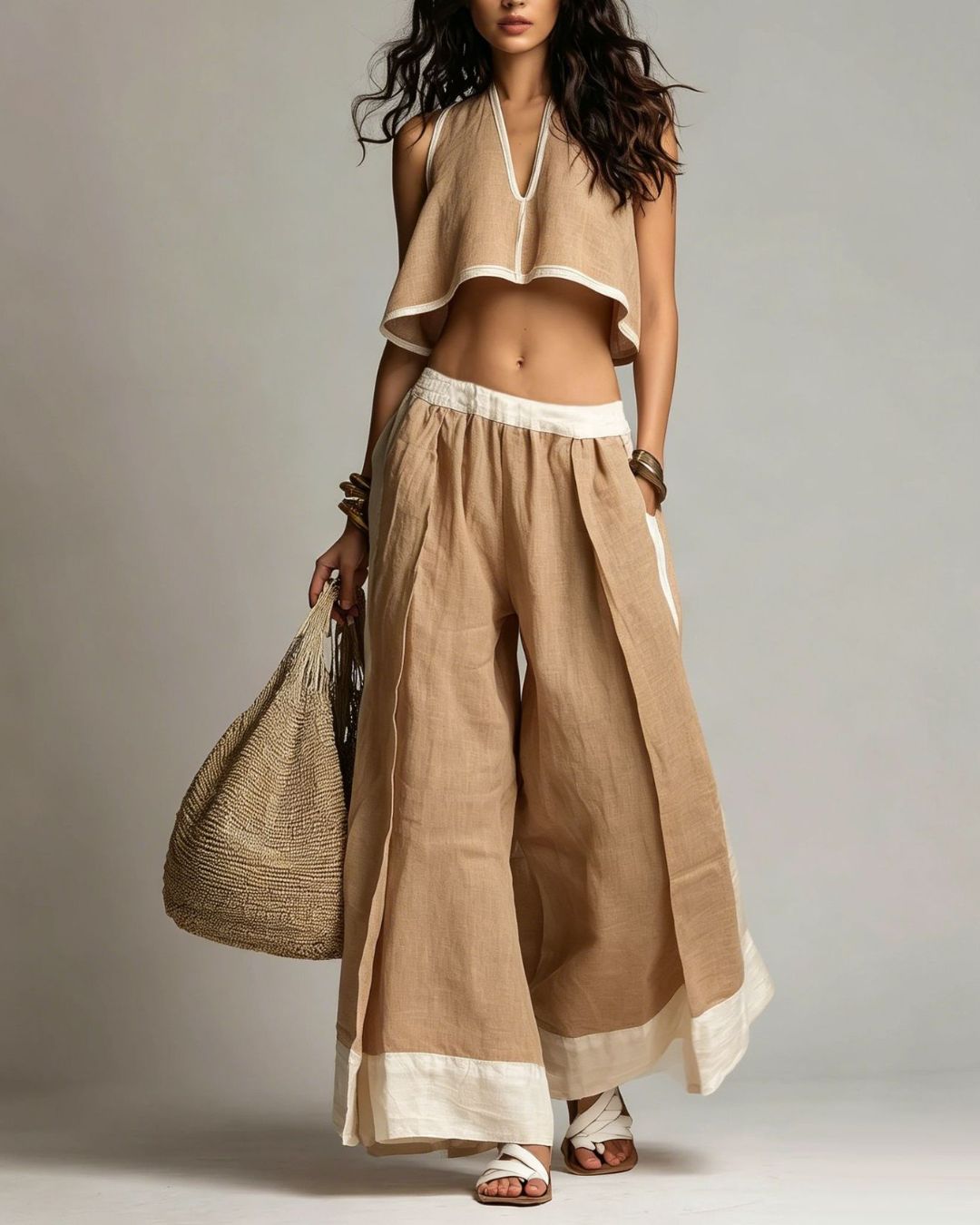Curvvvy® Boho Plunging V-Neck Crop Top and Wide Leg Pants Set