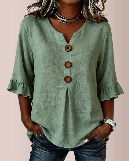 Curvvvy® V-Neck Cotton Linen Button-Down Blouse