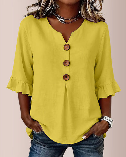 Curvvvy® V-Neck Cotton Linen Button-Down Blouse