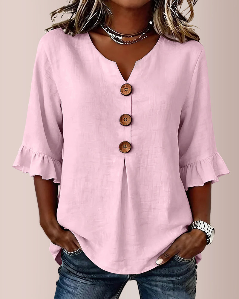 Curvvvy® V-Neck Cotton Linen Button-Down Blouse
