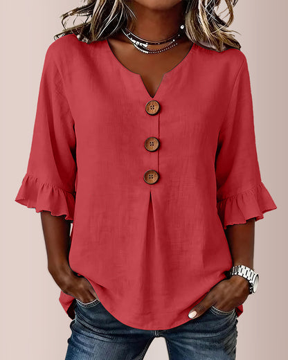Curvvvy® V-Neck Cotton Linen Button-Down Blouse
