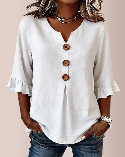 Curvvvy® V-Neck Cotton Linen Button-Down Blouse