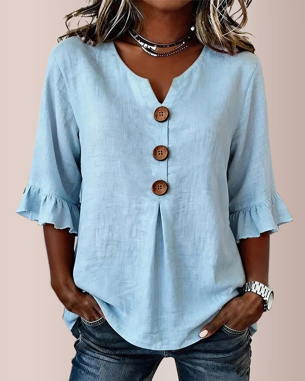 Curvvvy® V-Neck Cotton Linen Button-Down Blouse
